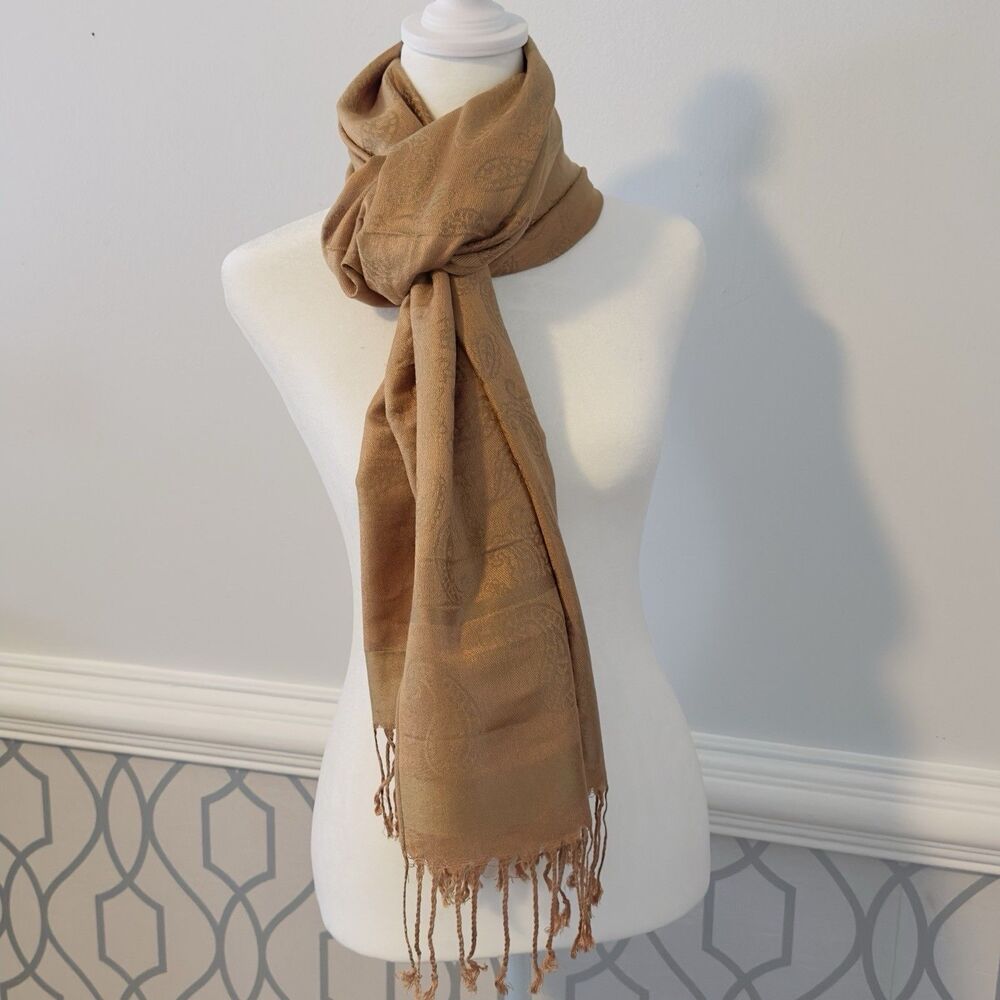 100% Women's Cashmere Shawl Tan/Gold Scarf Soft Jacquard Paisley Pattern